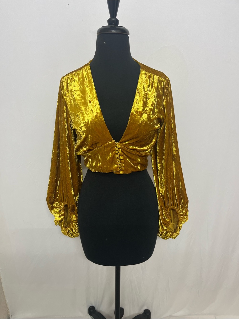 Fashion Nova Gold Crushed Velvet Button Front Crop Top